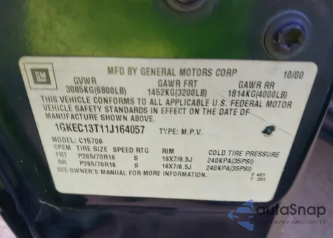 2001 GMC Yukon Slt from USA, damaged, VIN 1GKEC13T11J164057